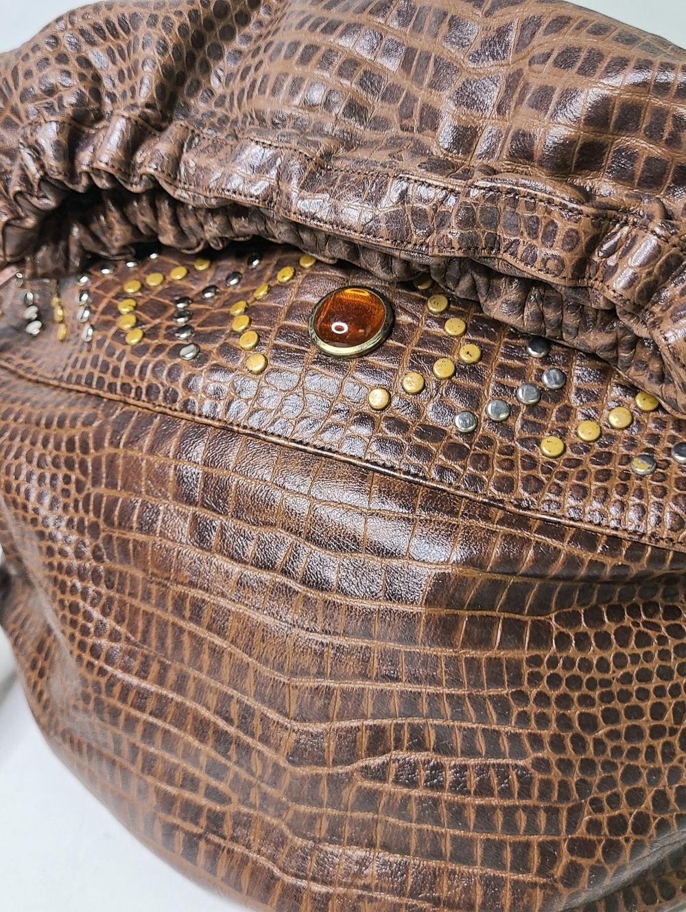 Sharif Made in USA Studded Fold Over Drawstring Vintage Leather Bucket Bag - Picture 6 of 12